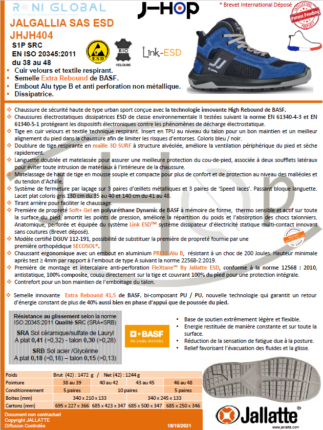 Chaussure montante de sécurité antidérapant et antistatique en cuir/textile avec embout de sécurité S1P SRC ESD - JALGALLIA JALLATTE