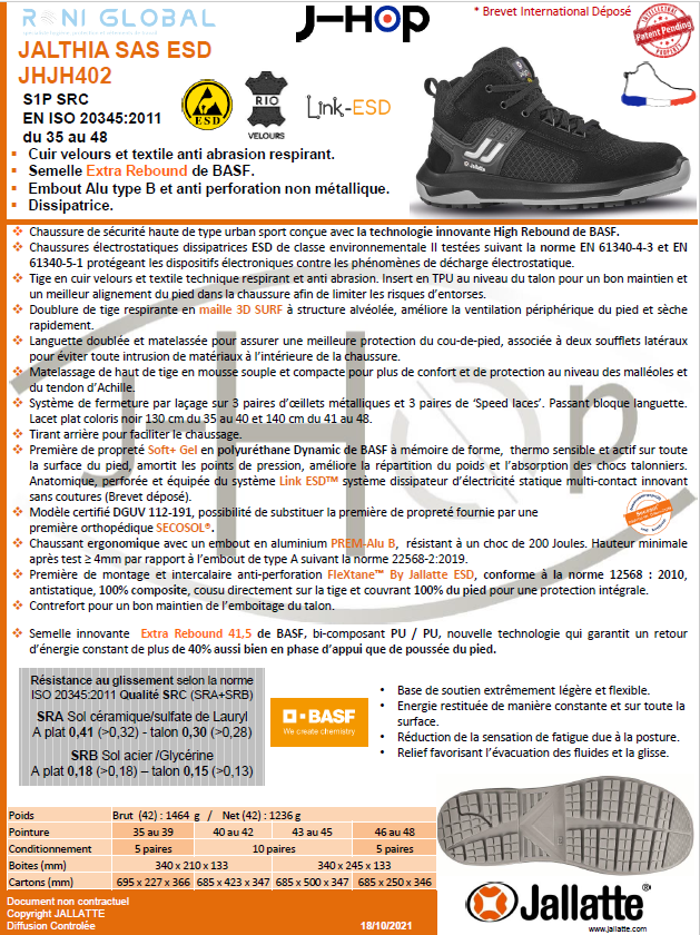 Chaussure montante de sécurité antidérapant et antistatique en cuir/textile avec embout de sécurité S1P SRC ESD - JALTHIA JALLATTE