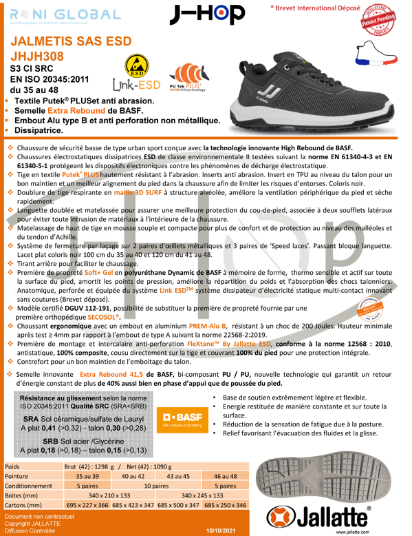 Chaussure basse de sécurité antidérapant, antistatique et anti-froid en Putek Plus avec embout de sécurité S3 CI SRC ESD - JALMETIS JALLATTE