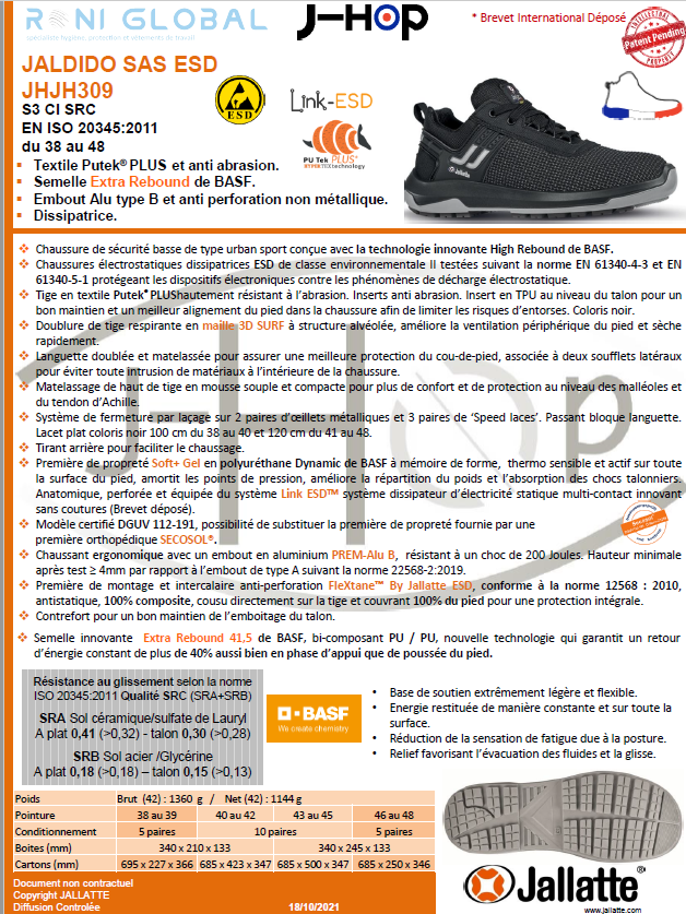 Chaussure basse de sécurité antidérapant, antistatique et anti-froid en Putek Plus avec embout de sécurité S3 CI SRC ESD - JALDIDO JALLATTE
