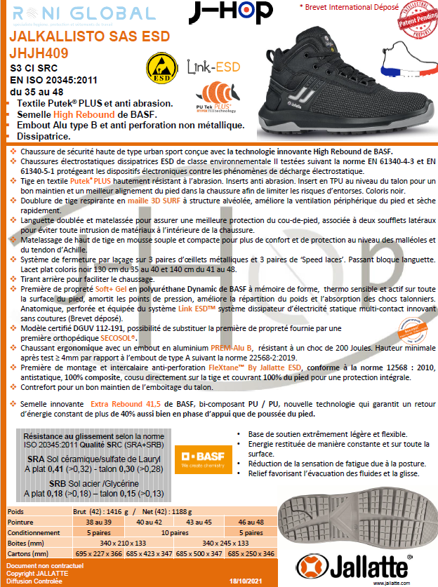 Chaussure montante de sécurité antidérapant, antistatique et anti-froid en Putek Plus avec embout de sécurité S3 CI SRC ESD - JALKALLISTO JALLATTE