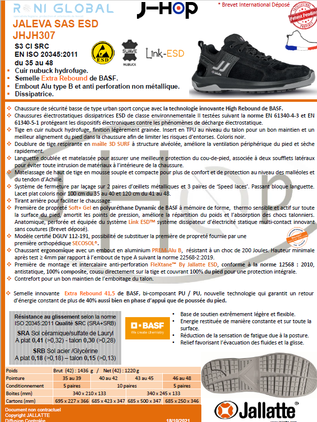 Chaussure basse de sécurité antidérapant, antistatique et anti-froid en cuir avec embout de sécurité S3 CI SRC ESD - JALEVA JALLATTE