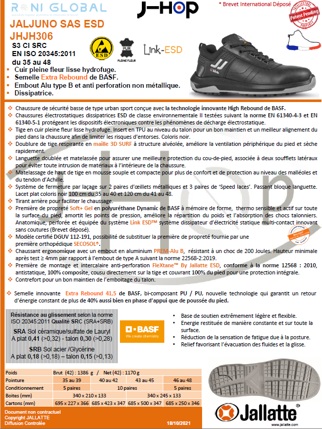 Chaussure basse de sécurité antidérapant, antistatique et anti-froid en cuir avec embout de sécurité S3 CI SRC ESD - JALJUNO JALLATTE