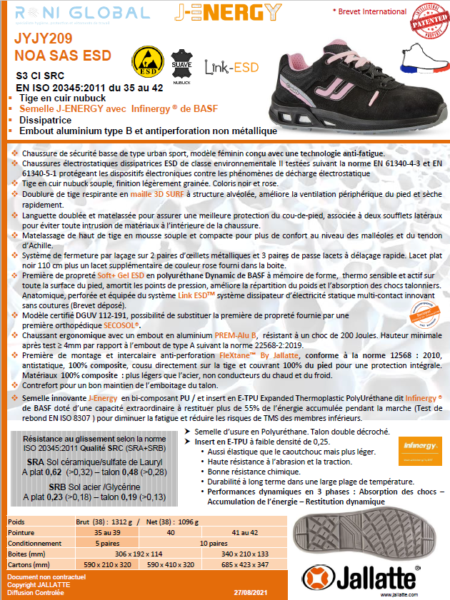 Chaussure basse de sécurité femme antidérapant, antistatique, anti-froid et anti-fatigue en cuir avec embout de sécurité S3 CI SRC ESD - NOA JALLATTE