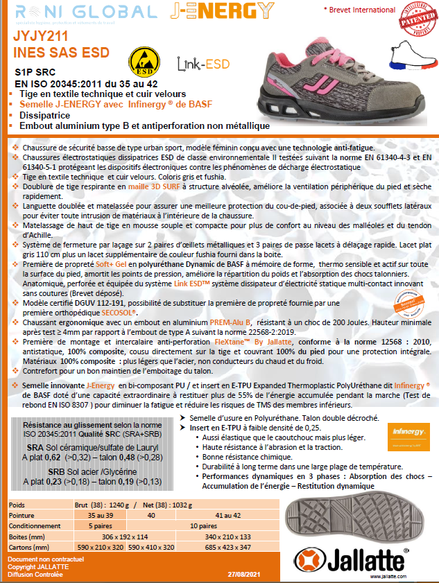 Chaussure basse de sécurité femme, antidérapant, antistatique et anti-fatigue en toile/cuir avec embout de sécurité S1P SRC ESD - INES JALLATTE