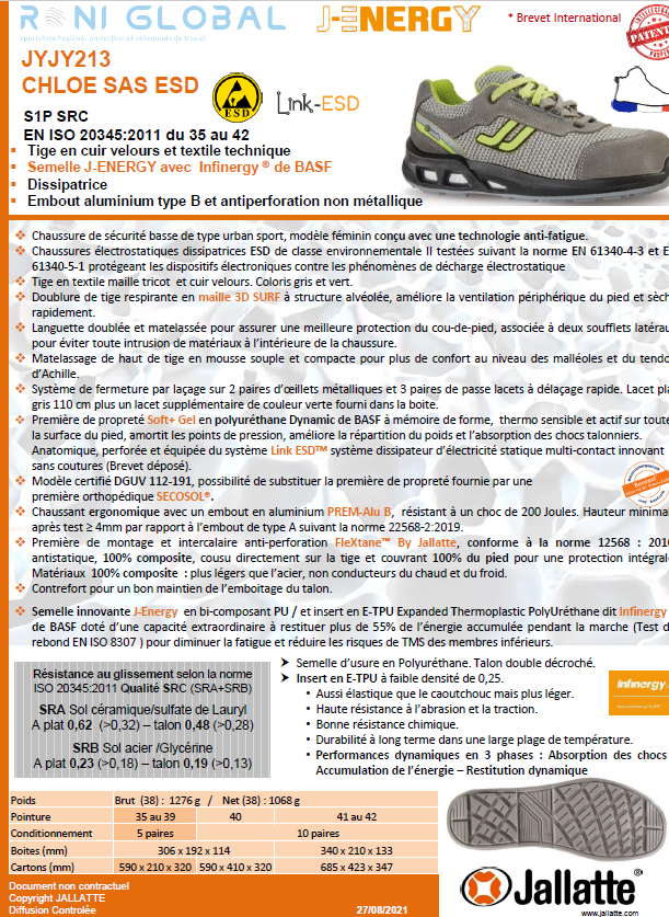 Chaussure basse de sécurité antidérapant, antistatique et anti-fatigue en textile avec embout de sécurité S1P SRC ESD - CHLOE JALLATTE