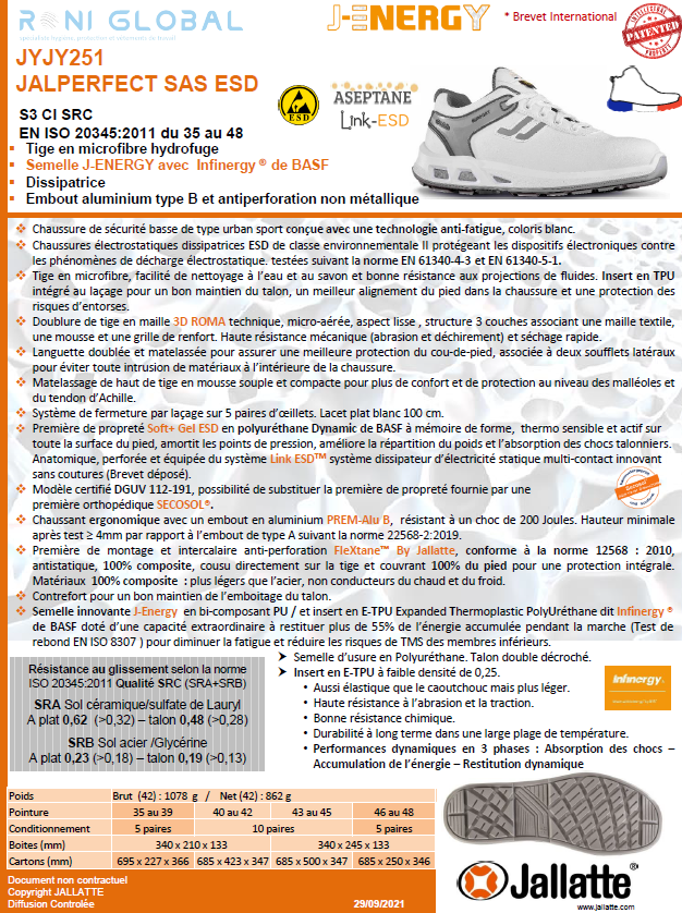 Chaussure basse de sécurité antidérapant, antistatique, anti-froid et anti-fatigue en microfibre lavable avec embout de sécurité S3 CI SRC ESD - JALPERFECT JALLATTE