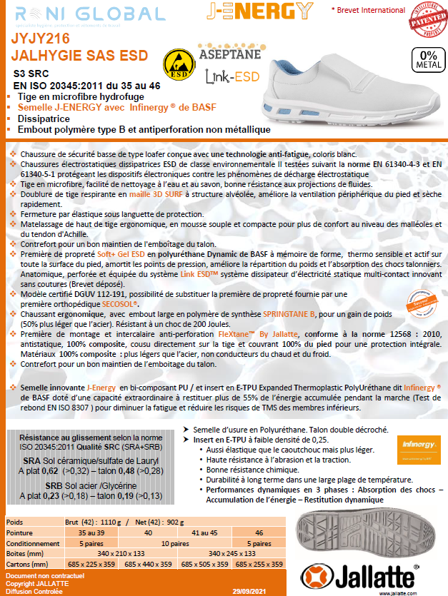 Chaussure basse de sécurité antidérapant, antistatique et anti-fatigue en microfibre lavable sans métal avec embout de sécurité S3 SRC ESD - JALHYGIE JALLATTE