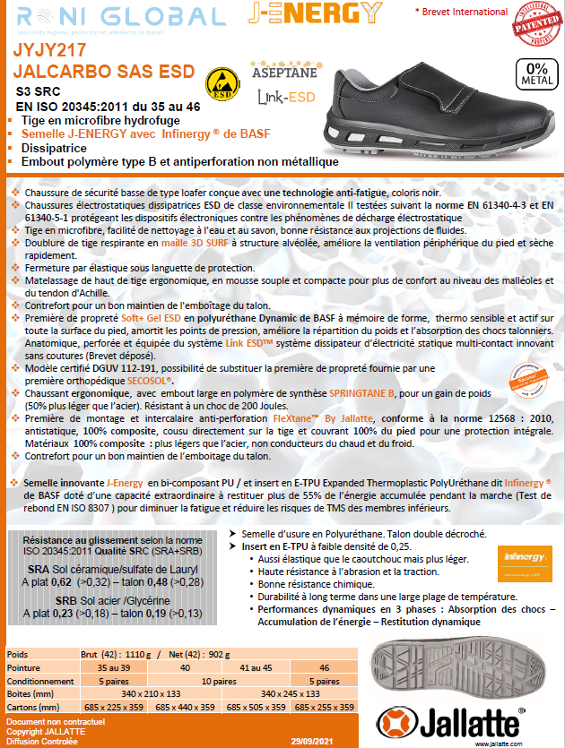 Chaussure basse de sécurité antidérapant, antistatique et anti-fatigue en microfibre lavable avec embout de sécurité S3 SRC ESD - JALCARBO JALLATTE