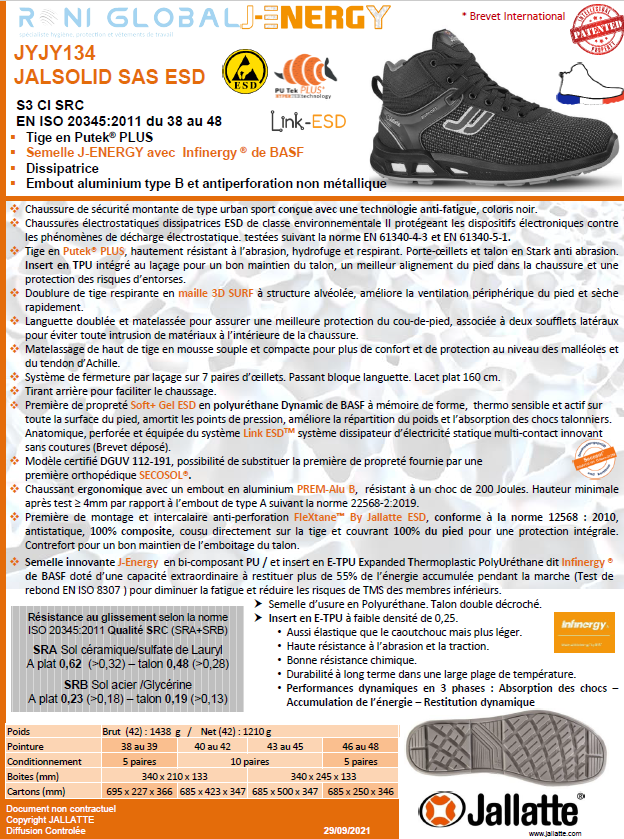 Chaussure montante de sécurité antidérapant, antistatique, anti-froid et anti-fatigue en Putek Plus avec embout de sécurité ESD S3 CI SRC - JALSOLID JALLATTE