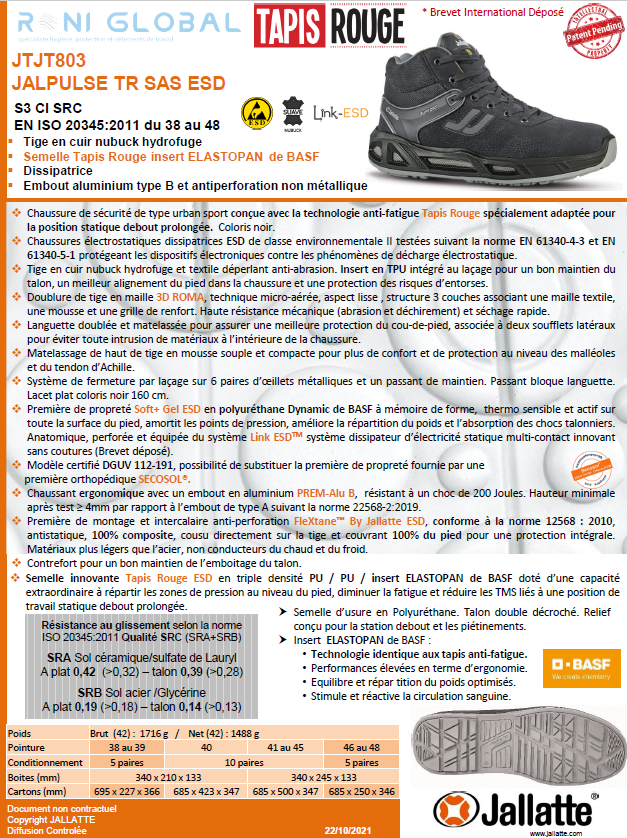 Chaussure montante de sécurité antidérapant, antistatique, anti-froid et anti-fatigue en cuir/textile avec embout de sécurité S3 CI SRC ESD - JALPULSE-TR JALLATTE