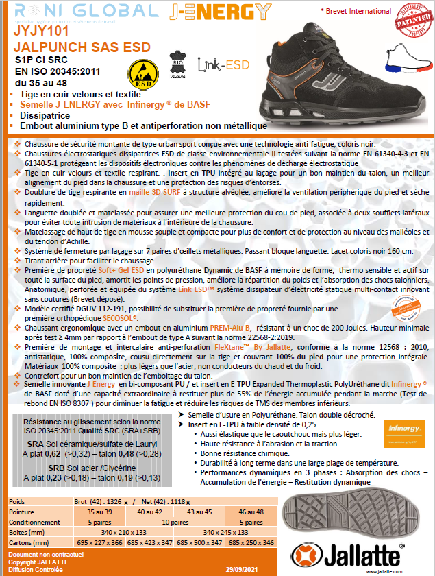 Chaussure montante de sécurité antidérapant, antistatique, anti-froid et anti-fatigue en cuir/textile avec embout de sécurité S1P CI SRC ESD - JALPUNCH JALLATTE