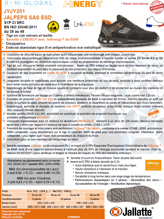 Chaussure basse de sécurité antidérapant, antistatique, anti-froid et anti-fatigue en cuir/textile avec embout de sécurité S1P CI SRC ESD - JALPEPS JALLATTE