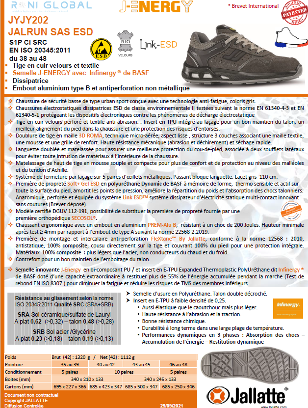 Chaussure basse de sécurité antidérapant, antistatique, anti-froid et anti-fatigue en cuir avec embout de sécurité S1P CI SRC ESD - JALRUN JALLATTE