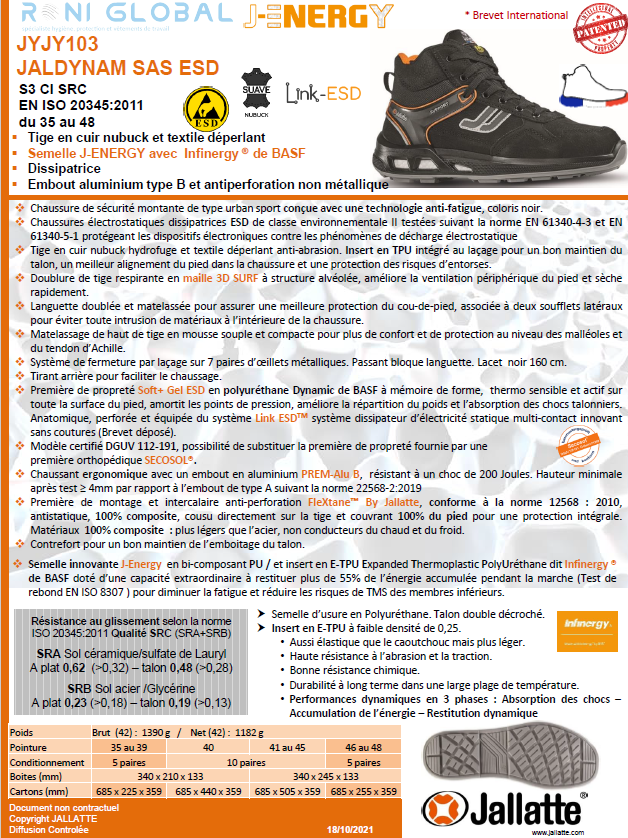 Chaussure montante de sécurité antidérapant, antistatique, anti-froid et anti-fatigue en cuir/textile avec embout de sécurité S3 CI SRC ESD - JALDYNAM JALLATTE
