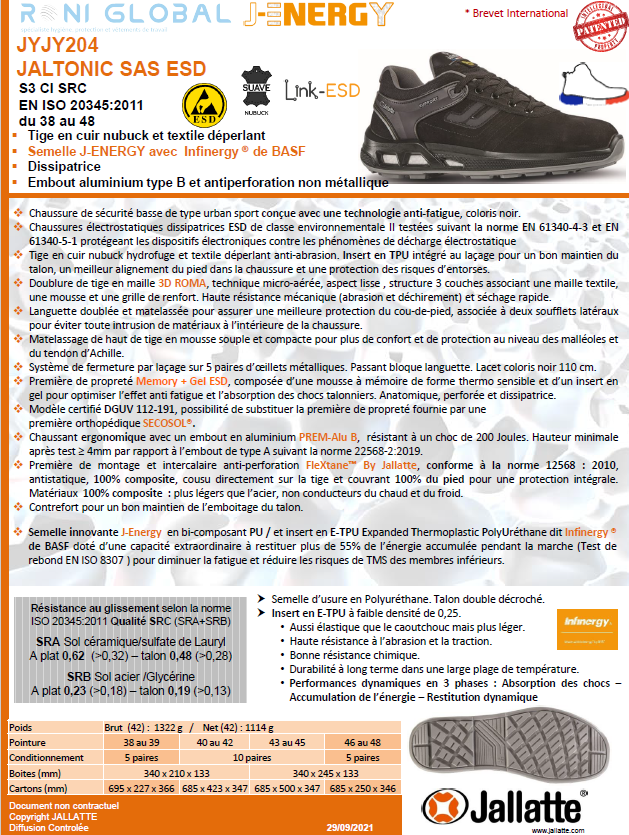 Chaussure basse de sécurité antidérapant, antistatique, anti-froid et anti-fatigue en cuir/textile avec embout de sécurité S3 CI SRC ESD - JALTONIC JALLATTE