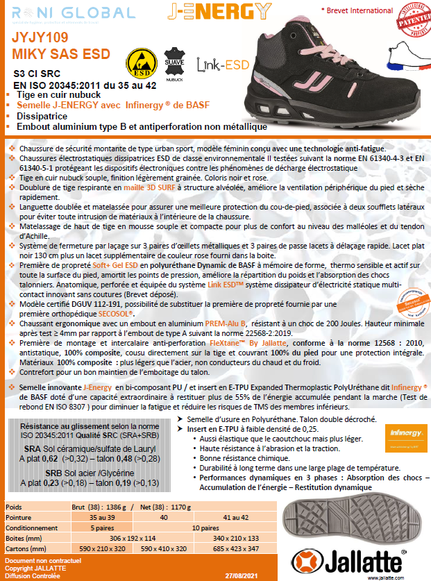 Chaussure montante de sécurité femme antidérapant, antistatique, anti-froid et anti-fatigue en cuir avec embout de sécurité S3 CI SRC ESD - MIKY JALLATTE