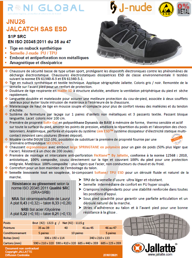 Chaussure basse de sécurité antidérapant et antistatique en nubuck sans métal avec embout de sécurité S3 SRC ESD - JALCATCH JALLATTE