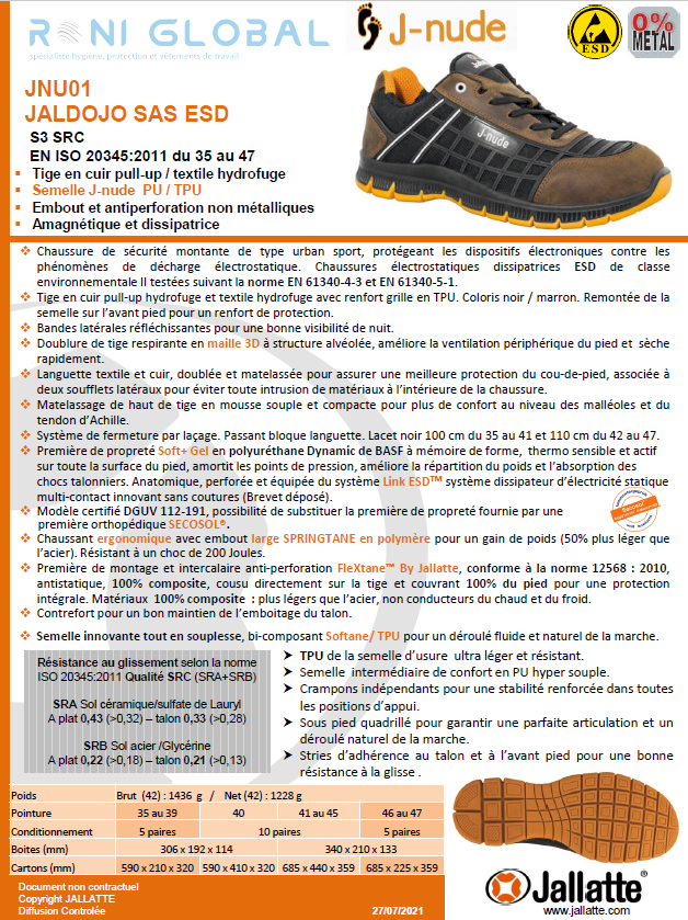 Chaussure basse de sécurité antidérapant et antistatique en cuir sans métal avec embout de sécurité S3 SRC ESD - JALDOJO JALLATTE