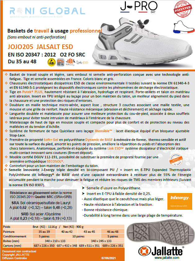 Chaussure basse de sécurité antidérapant, antistatique, résistant hydrocarbures et anti-fatigue en Putek Plus O2 FO SRC ESD - JALSALT JALLATTE