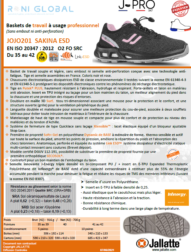 Chaussure basse de sécurité femme antidérapant, antistatique, résistant hydrocarbures et anti-fatigue en Putek Plus O2 FO SRC ESD - SAKINA JALLATTE
