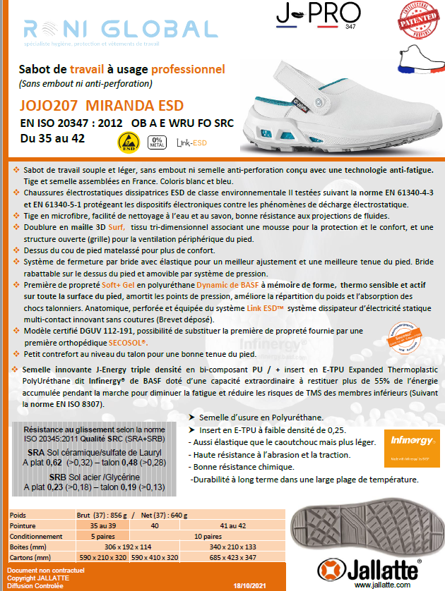 Sabot de travail à bride antidérapant, antistatique, imperméable, résistant hydrocarbures, absorption des chocs et anti-fatigue en microfibre lavable OB A E WRU FO SRC ESD - MIRANDA JALLATTE