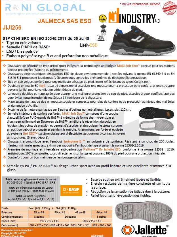 Chaussure basse de sécurité antidérapant, antistatique, anti-froid, anti-chaleur et anti-fatigue en cuir avec embout de sécurité S1P CI HI SRC ESD - JALMECA JALLATTE