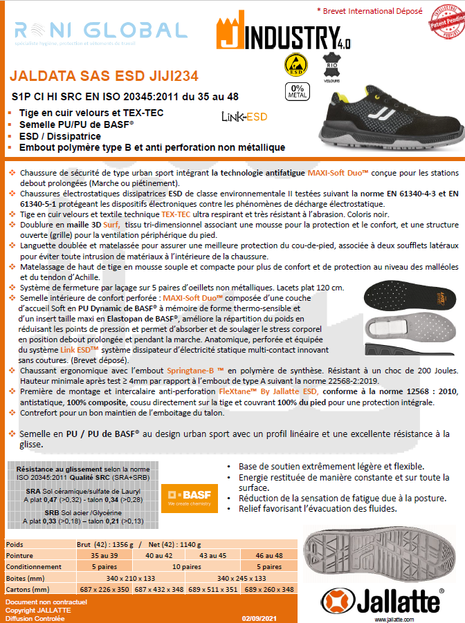 Chaussure basse de sécurité antidérapant, antistatique, anti-froid, anti-chaleur et anti-fatigue en cuir avec embout de sécurité S1P CI HI SRC ESD - JALDATA JALLATTE