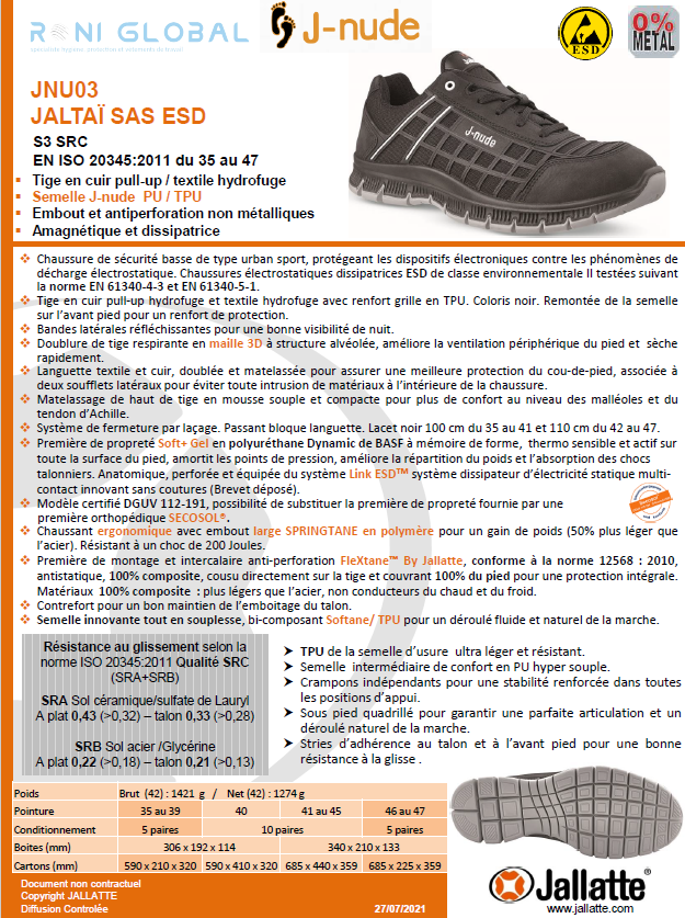 Chaussure basse de sécurité antidérapant et antistatique en cuir sans métal avec embout de sécurité S3 SRC ESD - JALTAI JALLATTE