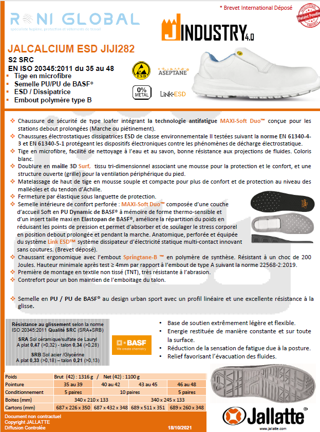 Chaussure basse de sécurité antidérapant, antistatique et anti-fatigue en aseptane sans métal avec embout de sécurité S2 SRC ESD - JALCALCIUM JALLATTE