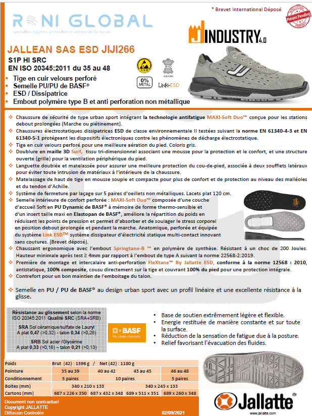 Chaussure basse de sécurité antidérapant, antistatique, anti-froid, anti-chaleur et anti-fatigue en cuir avec embout de sécurité ESD S1P CI HI SRC - JALLEAN JALLATE