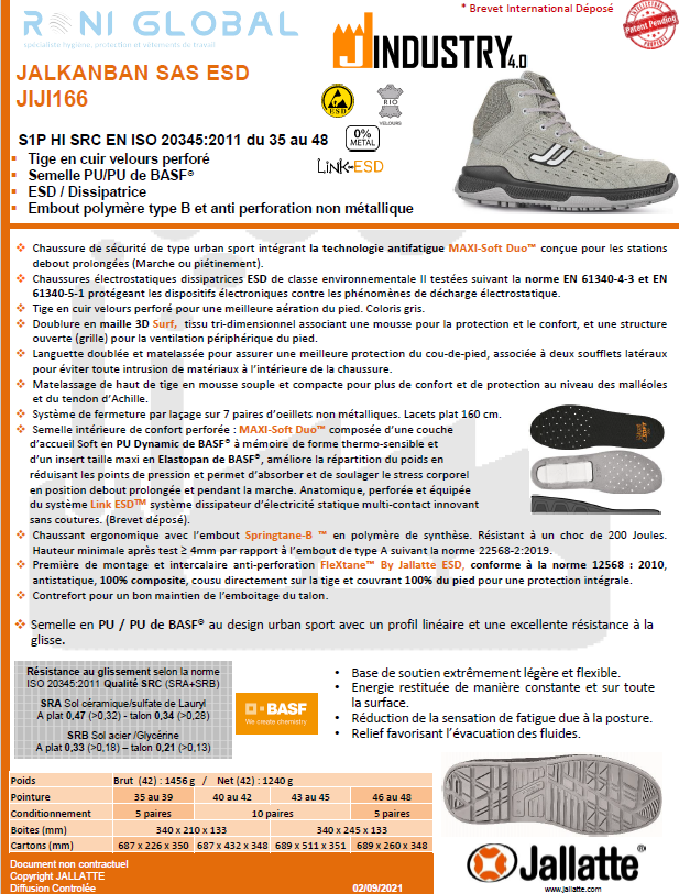 Chaussure montante de sécurité antidérapant, antistatique, anti-froid, anti-chaleur et anti-fatigue en cuir sans métal avec embout de sécurité S1P CI HI SRC ESD - JALKANBAN JALLATTE