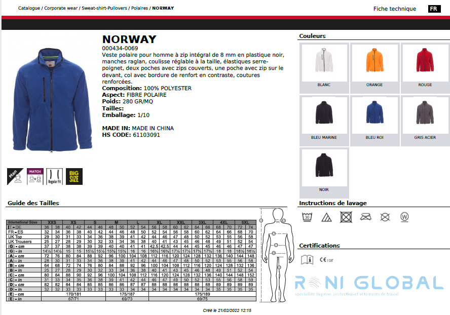 Veste de travail homme polaire, coupe droite en polyester 3 poches - NORWAY PAYPER