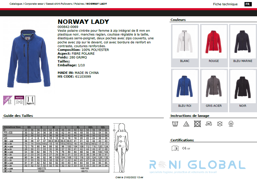 Veste de travail femme polaire, coupe droite en polyester 3 poches - NORWAY LADY PAYPER
