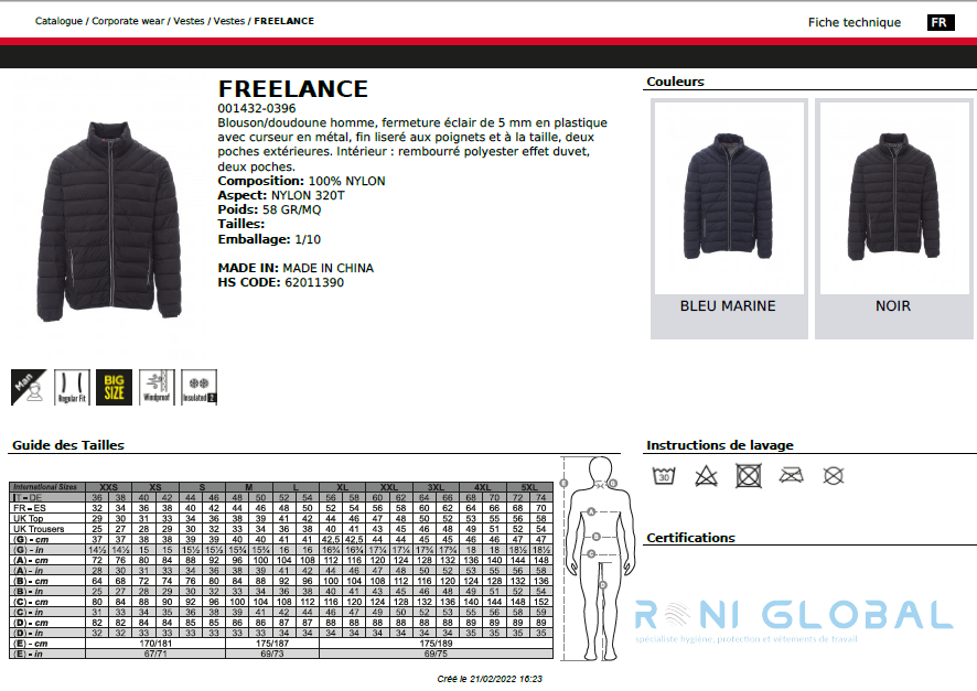 Doudoune / blouson de travail homme imperméable et anti-froid, en nylon rembourrage polyester 4 poches - FREELANCE PAYPER