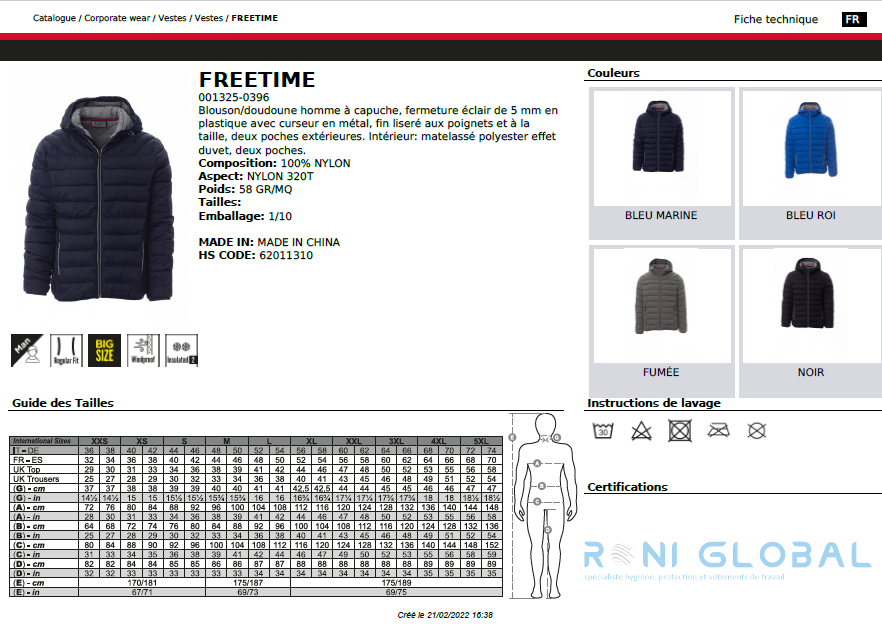 Doudoune / blouson de travail homme imperméable et anti-froid en nylon, matelassé polyester et 4 poches - FREETIME PAYPER