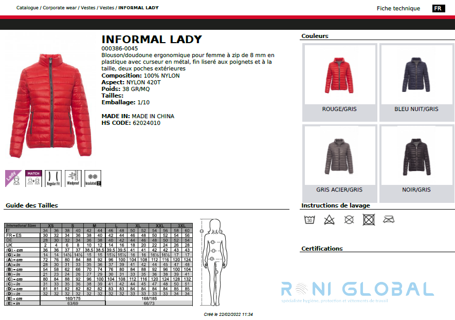 Doudoune / blouson de travail femme, imperméable et anti-froid, coupe droite en nylon 2 poches - INFORMAL LADY PAYPER
