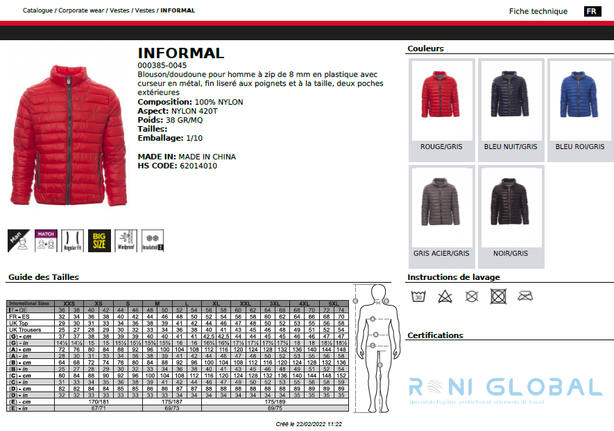 Doudoune / blouson de travail homme, imperméable et anti-froid, coupe droite en nylon 2 poches - INFORMAL PAYPER