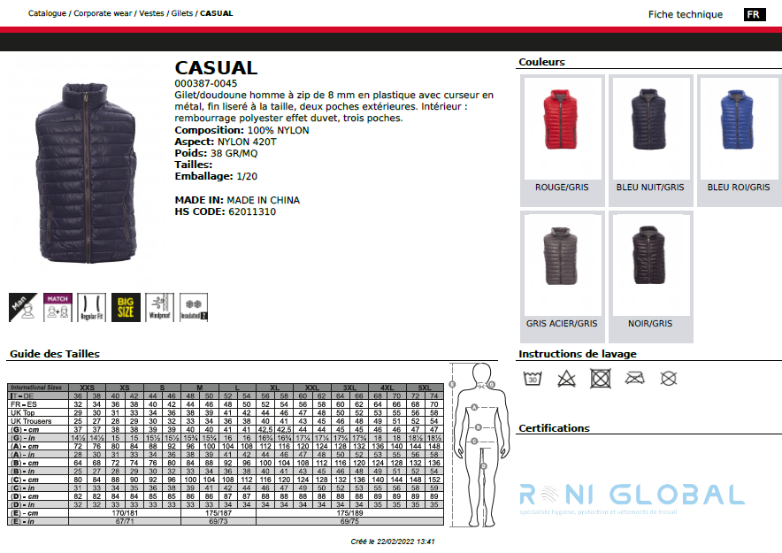 Doudoune / gilet de travail homme imperméable et anti-froid en nylon rembourrage polyester 5 poches - CASUAL PAYPER