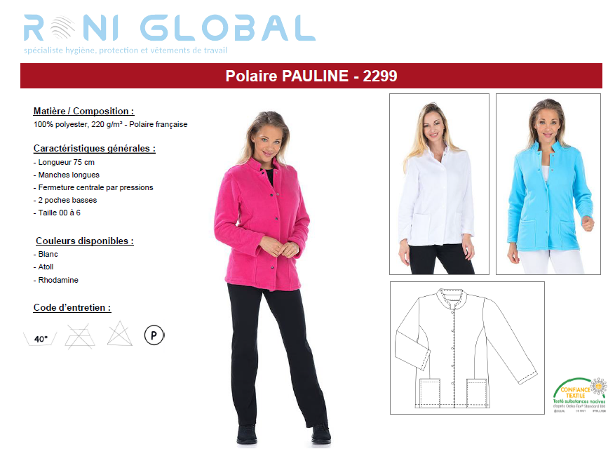 Polaire de travail femme manches longues en polyester 2 poches - PAULINE REMI CONFECTION