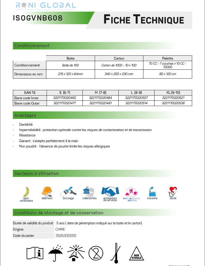 Gant en vinyle nitrile bleu jetable, imperméable, antiacide TYPE B et anti-bactérie non poudré (carton de 1000 pièces) - PROMOSAC