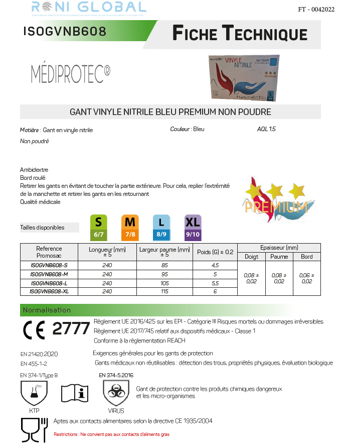 Gant en vinyle nitrile bleu jetable, imperméable, antiacide TYPE B et anti-bactérie non poudré (carton de 1000 pièces) - PROMOSAC