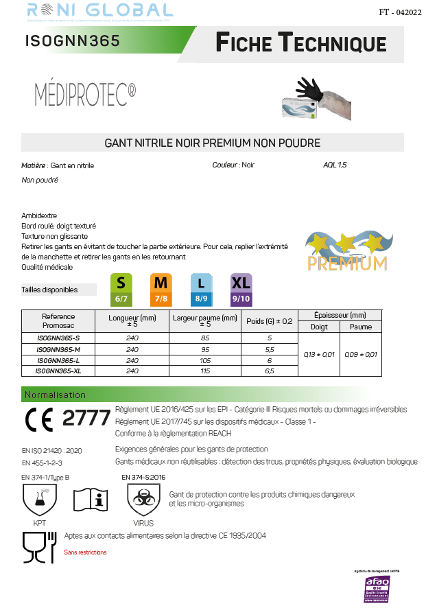 Gant en nitrile noir jetable, imperméable, antiacide TYPE B et anti-bactérie non poudré (carton de 1000 pièces) - PROMOSAC