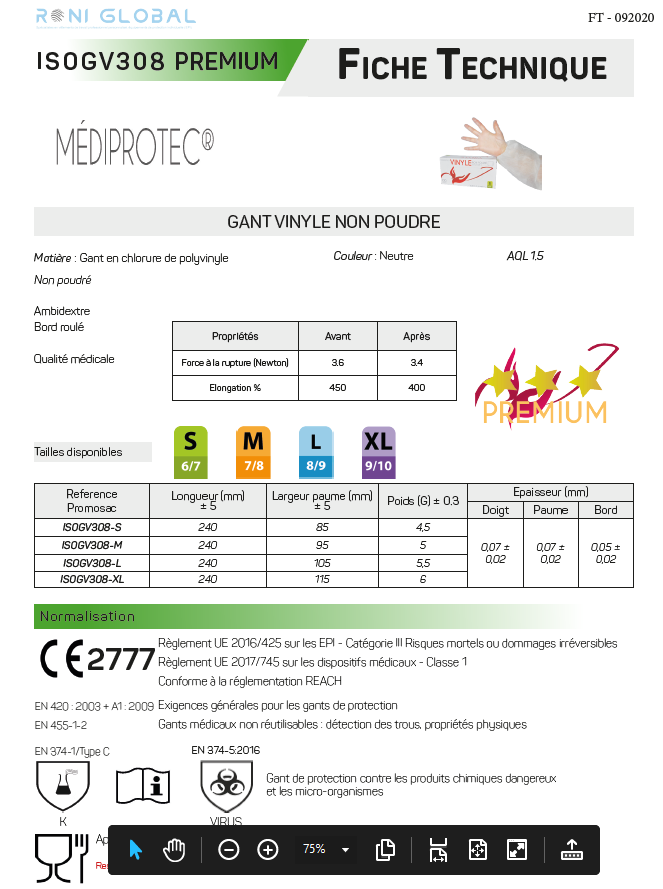Gant en chlorure de polyvinyle transparent, jetable, antiacide TYPE C et anti-bactérie non poudré (carton de 1000 pièces) - PROMOSAC