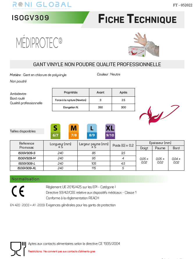 Gant en chlorure de polyvinyle transparent, jetable, non poudré (carton de 1000 pièces) - PROMOSAC