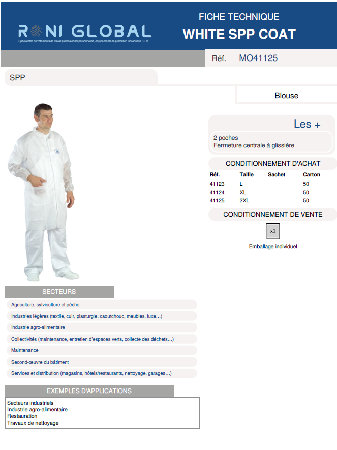 Blouse de protection blanche en SPP col officier 2 poches - BLANC SPP COAT COVERGUARD