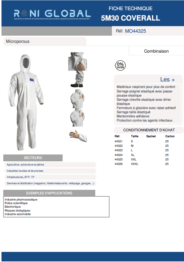 Combinaison de protection contamination radioactive sous forme de particules, agents infectieux, antistatique en SPP et film microporeux TYPE 5B-6B - 5M30 COVERGUARD