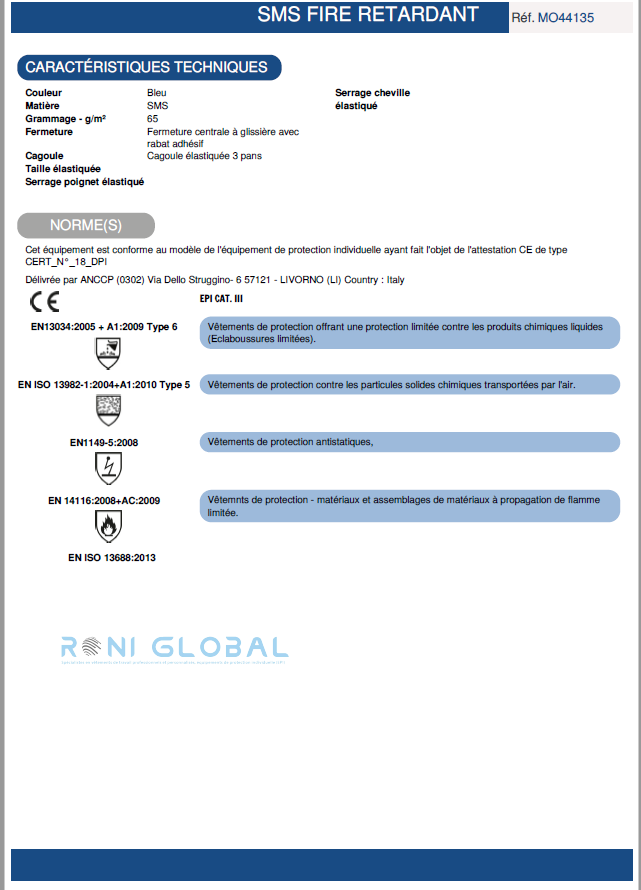 Combinaison de protection particules et éclaboussures de liquides, retardant l’inflammation et antistatique en SMS TYPE 5-6 - SMS FIRE RETARDANT COVERGUARD
