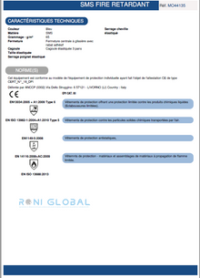 Combinaison de protection particules et éclaboussures de liquides, retardant l’inflammation et antistatique en SMS TYPE 5-6 - SMS FIRE RETARDANT COVERGUARD