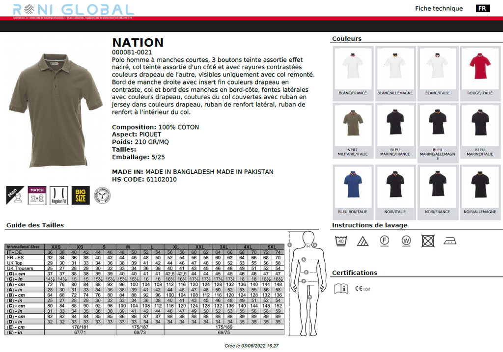 Polo de travail homme manches courtes avec drapeau sur col et manche droite, coupe droite en coton - NATION PAYPER